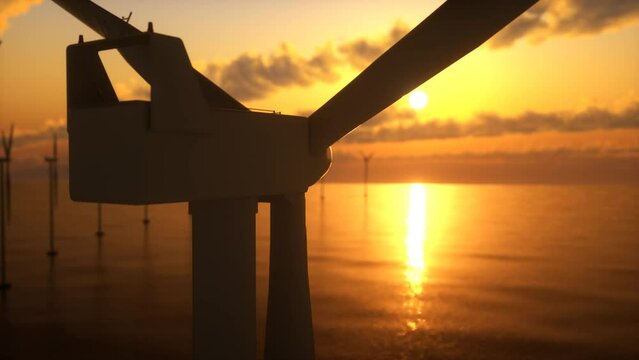 Wind turbine in the ocean at sunset. 3D animation