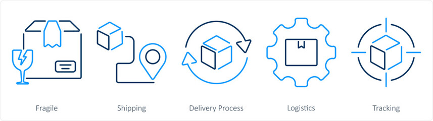 A set of 5 delivery icons as fragile, shipping, delivery process