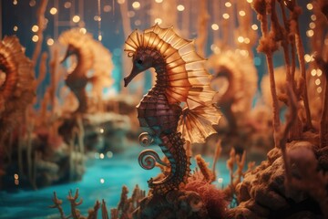 Surreal Seahorse Palace: Macro shot of seahorses in a setting that resembles a magical palace. - obrazy, fototapety, plakaty