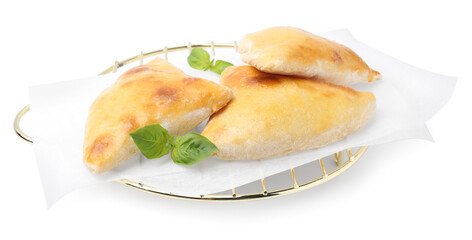 Delicious samosas and basil isolated on white