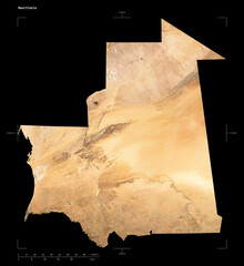 Mauritania shape isolated on black. Low-res satellite map