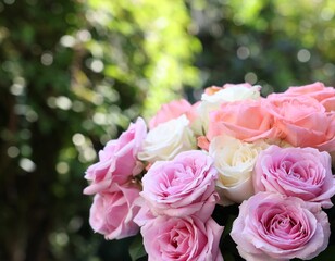 Beautiful bouquet of aromatic roses outdoors, closeup