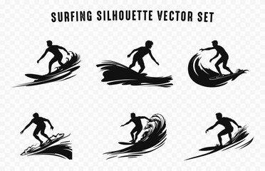 Set of Surfing Vector black Silhouette, Surfing with a surfboard on an ocean wave Silhouettes