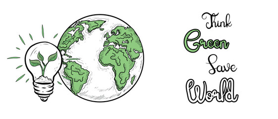 Think Green and Save the World. Clean Energy Concept Illustration. Hand Drawn Alternative energy Concept Banner. Earth day and save the planet concept creative banner design.
