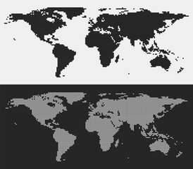 Abstract flat digital pixel art style world maps isolated in the background. Technology, coding, or big data concept. Vector illustration