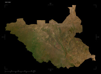 South Sudan shape isolated on black. Low-res satellite map © zelwanka