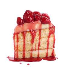 Piece of tasty cake with fresh strawberries and jam isolated on white