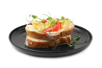 Tasty vegan sandwich with tomatoes, celery and microgreens isolated on white