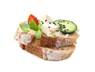 Tasty vegan sandwich with tofu, cucumber, tomato and sesame seeds isolated on white
