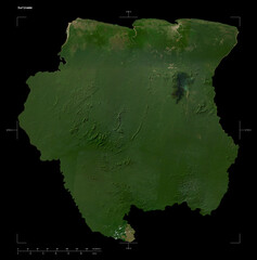 Suriname shape isolated on black. Low-res satellite map
