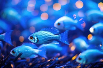 Electric Blue Chromis: Close-up of electric blue chromis swimming in a school.