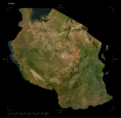 Tanzania shape isolated on black. Low-res satellite map © zelwanka