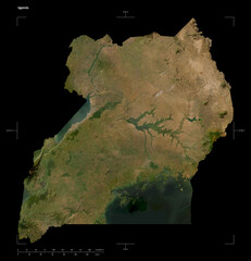 Uganda shape isolated on black. Low-res satellite map