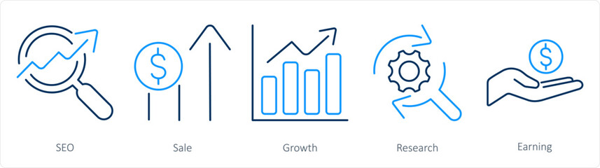 A set of 5 digital marketing icons as seo, sale, growth