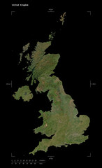 United Kingdom shape isolated on black. Low-res satellite map