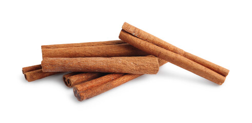 Pile of aromatic cinnamon sticks isolated on white
