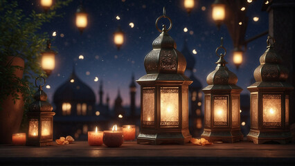 Traditional arabic lanterns at night. Festive greeting card, holy month of muslim ramadan, background.