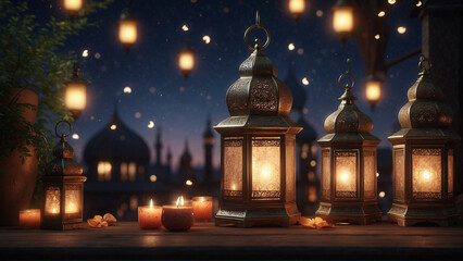 Obraz premium Traditional arabic lanterns at night. Festive greeting card, holy month of muslim ramadan, background.