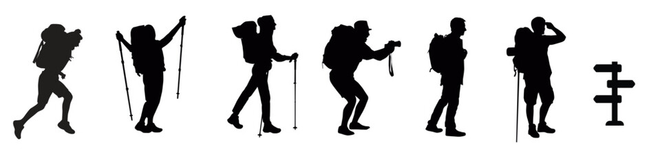 Hiker in mountain silhouettes, Hiking silhouette, Backpacker silhouettes, Hiker in mountain vector, Adventure silhouette, Mountaineer climber hiker vector illustration.