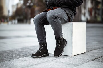A pair of dark brown leather boots and grey denim jeans make a stylish statement in this urban...