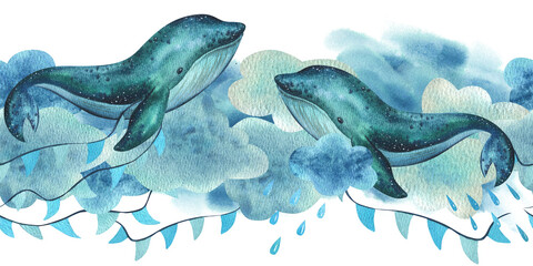 A baby whale swims on the sea and flies in the sky with garlands of flags among the clouds and raindrops. Hand drawn children's watercolor illustration. Seamless border on a white background. © NATASHA-CHU