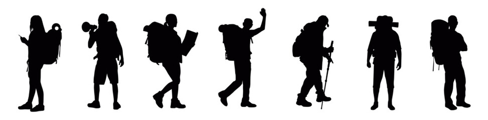 Hiker in mountain silhouettes, Hiking silhouette, Backpacker silhouettes, Hiker in mountain vector, Adventure silhouette, Mountaineer climber hiker vector illustration.