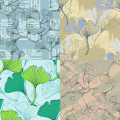 Ginkgo Biloba Plant Seamless Pattern. Ayurvedic Medicine Theme. Japanese Tree. Nature leaves outline design for various textiles and the design of medical cosmetics. Vector illustration
