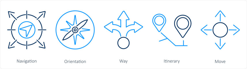 A set of 5 Direction icons as navigation, orientation, way - obrazy, fototapety, plakaty