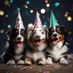 three Happy cute dogs in a party hat celebrating his birthday surrounded by falling confetti