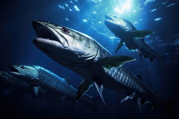 Obraz premium Barracuda Shadows: Close-up of barracudas with dramatic shadows cast.
