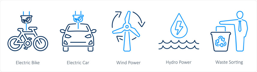 A set of 5 Ecology icons as electric bike, electric car, wind power   - obrazy, fototapety, plakaty