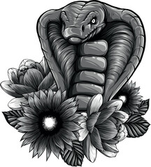 monochromatic illustration of Cobra snake and flowers
