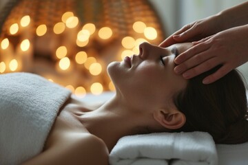 Primer plano de una mujer disfrutando de un masaje de cabeza en un ambiente de spa iluminado con luces suaves bokeh - obrazy, fototapety, plakaty