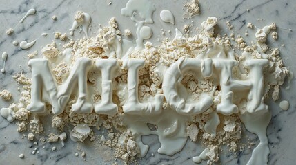 Abstrakte Darstellung des Wortes "MILCH" mit Milchklecksen und -tropfen
