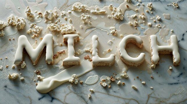 "MILCH" Schriftzug in fl&uuml;ssiger und fester Form auf marmoriertem Hintergrund