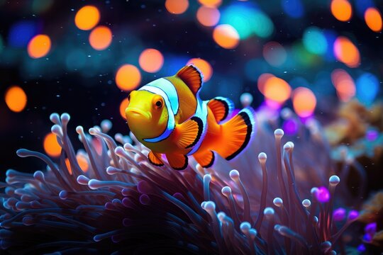 Neon Nemos: Close-up of clownfish surrounded.