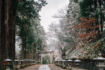 Hie Shrine and forest with winter snow in Takayama, Gifu, Japan