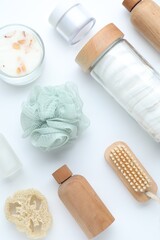 Bath accessories. Flat lay composition with personal care products on white background