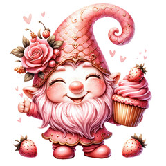 Cute Gnome Cupcake Strawberry Valentine's Day Clipart Illustration