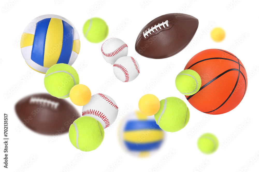 Poster Many balls for different sports flying on white background