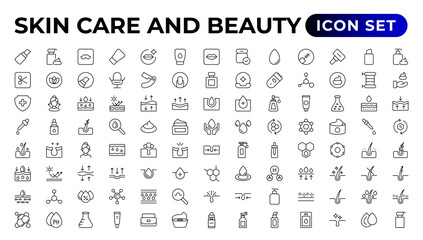 Skin care and beauty. Attributes of beauty for women.Skin care line icons set. - obrazy, fototapety, plakaty