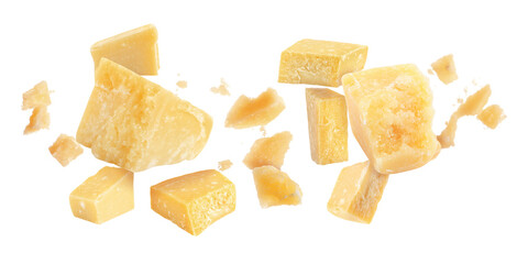 Tasty parmesan cheese falling on white background