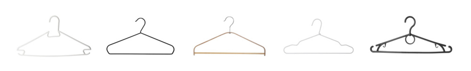 Different empty hangers isolated on white, set