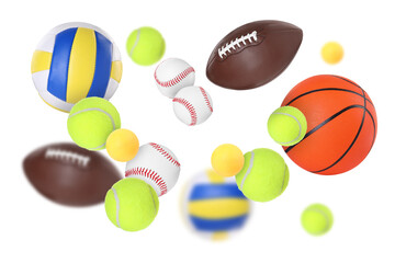 Many balls for different sports flying on white background