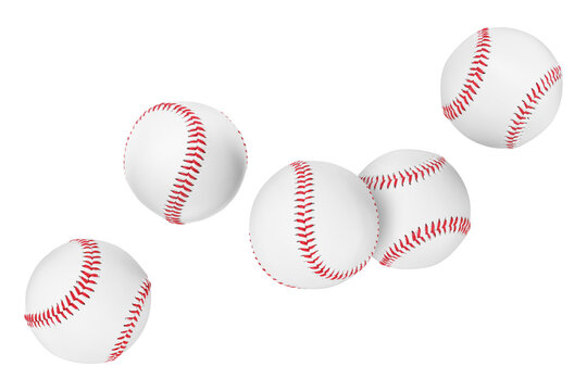 Many baseball balls flying on white background