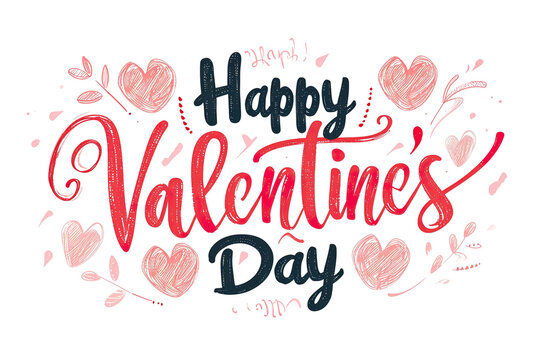 "Happy Valentine's Day" Handwritten Calligraphy Text, On A White Background Red Lettering With Pink Hearts Vector Illustration