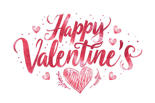 "Happy Valentine's Day" Handwritten Calligraphy Text, On A White Background Red Lettering With Pink Hearts Vector Illustration