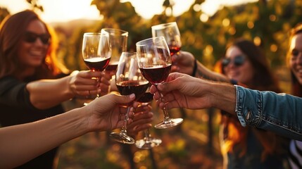 Friends with glasses of red wine and cheerful cheer during wine tasting. a beautiful scene where young people enjoy harvesting together outdoors in the countryside, created with Generative Ai technolo
