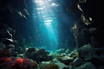 Fototapeta na wymiar Underwater Canyon: Capture the marine life in a deep underwater canyon.
