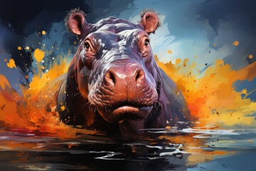 Bright and Colorful A Fauvism Style of a Hippopotamus, Generative Ai - obrazy, fototapety, plakaty